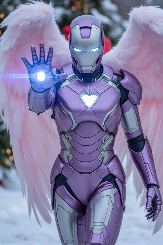 The female ironman in metallic purple and silver armor with pastel pink angelic wings like an Archangel. She's wearing an...