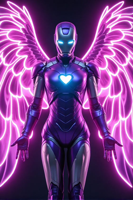 Iron Angel posed in a dynamic,  heroic stance with its arms outstretched,  as if the character is preparing to take flight...