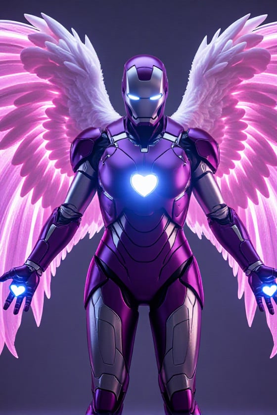 Iron Angel posed in a dynamic,  heroic stance with its arms outstretched,  as if the character is preparing to take flight...
