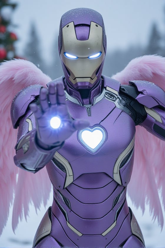 The female ironman in metallic purple and silver armor with pastel pink angelic wings like an Archangel. She's wearing an...
