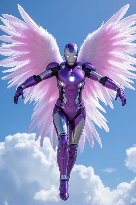 IronAngel looks like a purple and silver Ironwoman. She wears an Ironman helmet of purple and silver,  she's bald. Her win...