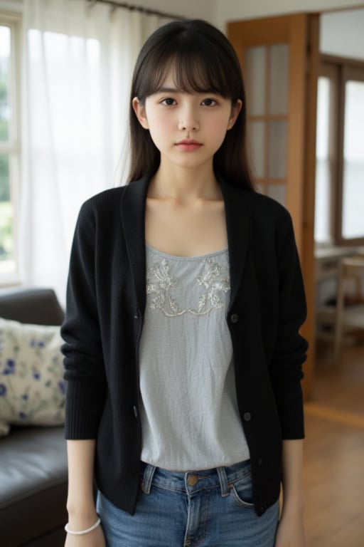 (full body shot:1.2), a pretty Japanese 13yo young girl wearing a black three quarter sleeve cardigan over a light gray wrinkled tunic, middle school student, 165cm tall, (skinny body, flat chest, black straight long hair, thick blunt bangs:1.3), (flat nose, a mole under the nose, no makeup, single eyelid:1.3), ears, small eyes, silver embroidery with floral pattern on the tunic, standing at a living room, with natural warm lighting, RANDOM POSE, looking at viewer, (serious face:1.0), loose denim pants, White bracelet on left hand, Revealing necklines,