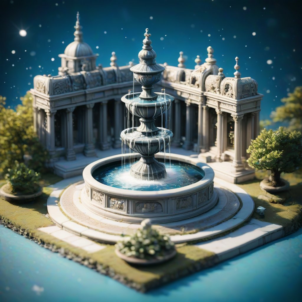 European Palace Fountain, Artwork, Renaissance, Sculpture, isometric, miniature, tilt shift, Th3Dru1d5. birds are bathing.
simple and light background.,space background, noc-space