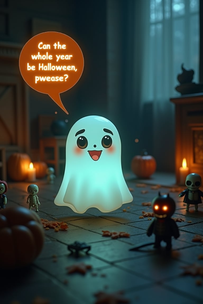 A **small, translucent ghost** floats in the center of a dimly lit room, its big, wide **pleading eyes** filled with awe and fascination. Its **raised eyebrows** and soft, glowing form give it an innocent, childlike charm. The ghost's **mouth is slightly open**, as if in wonder, while it hovers quietly in mid-air, gently glowing with a faint, bluish light.

A glowing **speech bubble** floats beside the ghost, written in a playful, childlike font: **"Can the whole year be Halloween, pwease?"** The text is clear and readable, glows faintly in a soft orange hue, complementing the dim light of the setting. The ghost’s fascination with the tiny monsters is evident, its wide-eyed expression full of wonder and excitement, making the scene feel both spooky and heartwarming.

Surrounding the ghost, tiny **monsters** move about, playfully interacting with the environment. **Miniature zombies** shuffle along the ground, their ragged clothes barely clinging to their small forms. **Tiny skeletons** rattle around, their bones clinking as they walk. Among the creatures are **miniature versions of famous horror movie figures**—a tiny **masked slasher** swings his plastic knife harmlessly, and a little **vampire with a cape** grins with glowing red eyes. The atmosphere is spooky but playful, with soft shadows cast by flickering candlelight, illuminating the monster-filled scene.