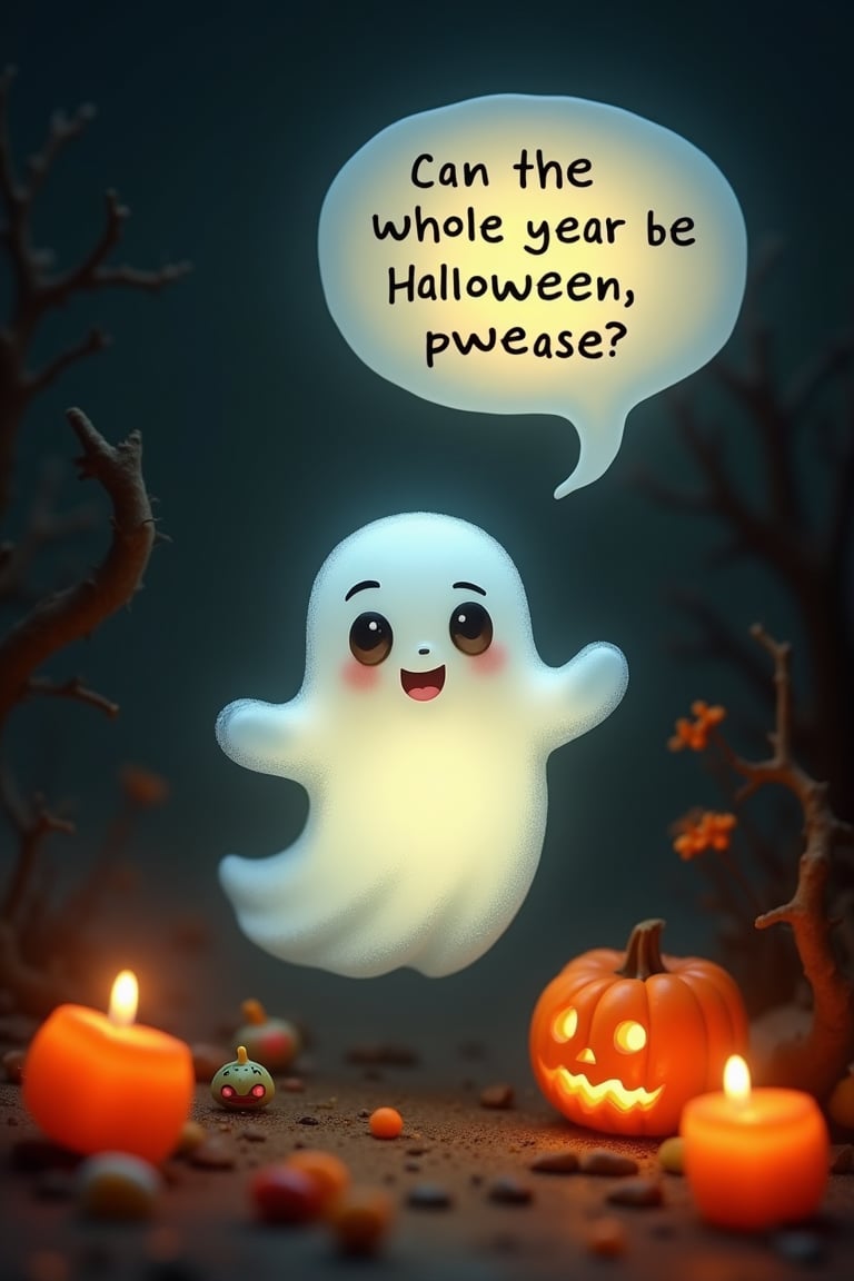 A small, **glowing translucent ghost** hovers in mid-air, its form barely visible as the soft light from its body shimmers in the dark. The ghost’s **pleading, raised eyebrows** give it an incredibly **endearing expression**, while its wide, round eyes seem to glow with hope. The ghost’s faint, misty edges shift slightly as it floats, giving it a fluid, ever-moving appearance, while the soft light surrounding it pulses gently like a flickering candle.

The text **"Can the whole year be Halloween, pwease?"** is inside a softly **glowing speech bubble** with **rounded edges**, floating just above the ghost’s head. The bubble’s glow is a warm, soft orange, and the text inside is written in a playful, **childlike font** with slightly rounded letters, giving it an innocent and whimsical feel. The glow of the bubble casts a faint light on the surrounding air.

Around the ghost are glowing pumpkins, lit candles, tiny monsters such as zombies, skeletons and horror movie icons.