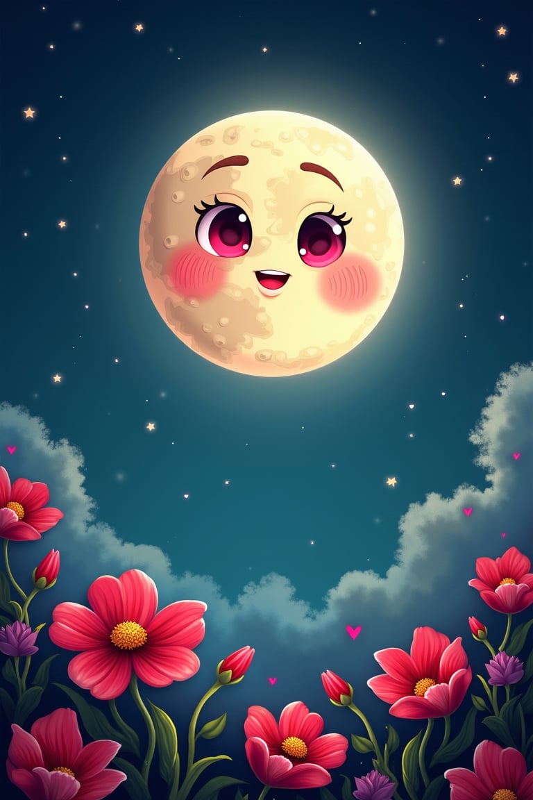 whimsical and surreal night sky with a large bright moon as the central focus, the moon has a charming slightly cartoonish face with red eyes, emoji face moon,  vibrant red flower patches, contrasting beautifully with the moon’s pale cratered surface, the backdrop is a deep starry sky filled with countless stars that twinkle and shimmer, the atmosphere is whimsical and enchanting, blending fantasy and surrealism,  Masterpiece, (8k), UHD, highest-quality, intricate details, highly detailed, immaculate micro-details, detailed textures, atmospheric lighting, visually stunning, perfect composition