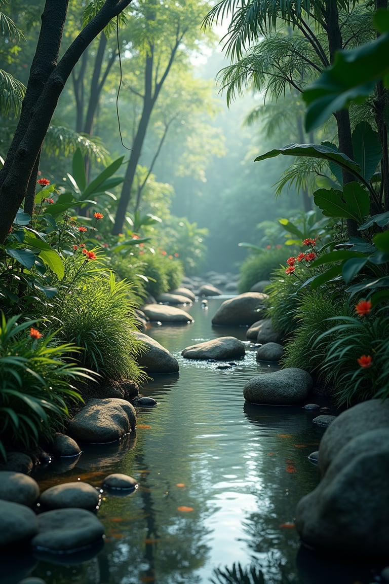 A tranquil scene of a narrow stream winding through the dense jungle, its surface reflecting the verdant canopy above. The water is slow-moving and clear, revealing smooth stones and occasional flashes of colorful fish swimming lazily beneath. Along the stream’s edge, lush vegetation flourishes—broad-leaved plants, delicate vines, and clusters of wildflowers in soft, muted tones. The air is thick with the scent of damp earth and fresh greenery, while the only sounds are the gentle trickle of water and the occasional call of distant birds. The scene is bathed in soft, ambient light that filters through the thick canopy, casting dappled shadows that dance on the water's surface. The atmosphere is otherworldly, a serene oasis deep within the heart of the jungle, untouched by time.