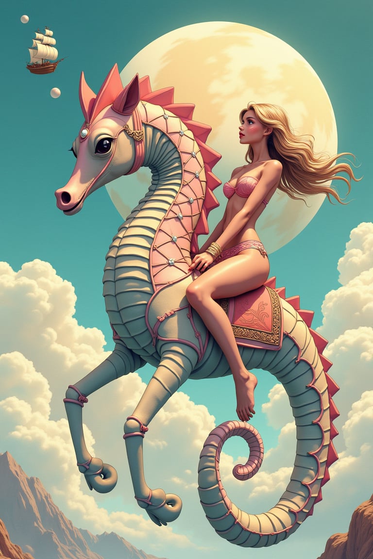 An intricate anime illustration of a young woman with flowing, pastel-colored hair, wearing a soft pink bikini, riding a giant seahorse through the vast expanse of space. The seahorse is fitted with an ornate saddle made of soft, pastel-colored leather with pearl-like accents, and a delicate, wave-inspired mount that curves elegantly with its body. The seahorse’s tail spirals gracefully, adding to its majestic presence. In the background, a large pastel planet looms, its atmosphere swirling with soft clouds and detailed continents that suggest an alien world. A vintage sailboat orbits the planet, its sails billowing as if caught in a cosmic breeze. The color palette is soft and dreamy, with bold hand-painted lines bringing out the rich details of the seahorse, the saddle, and the planet’s surface. The overall effect is a whimsical, yet richly detailed scene that balances fantasy with subtle realism.