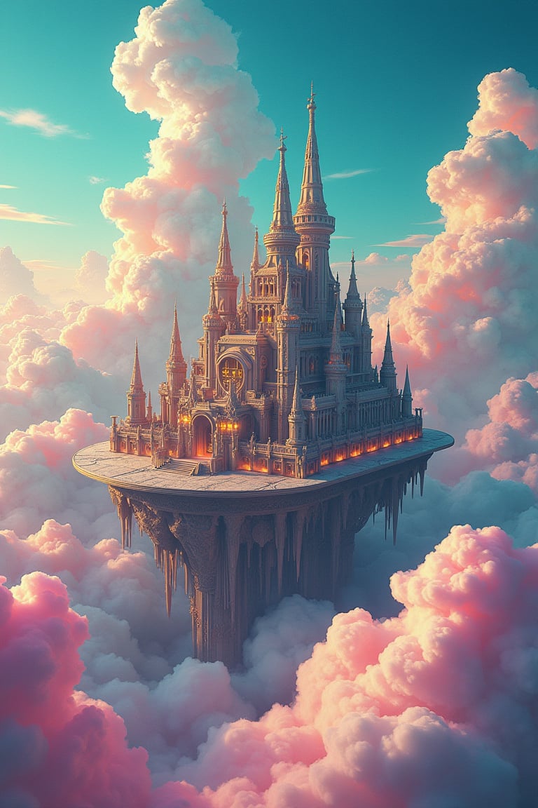 A wide, ultra-high definition skyscape featuring a nephogram of bold, cloudpunk clouds surrounding a magnificent fantasy city in the clouds. The city is a complex maze of spires, domes, and floating platforms, each one hyper-detailed with intricate carvings and glowing runes. The clouds around the city are rendered with bold, exaggerated lines and vibrant, saturated colors—turquoise, magenta, and amber—creating a surreal, magical atmosphere. The structures of the city shimmer with a soft, golden light, contrasting beautifully with the swirling, vivid clouds that seem to both support and conceal the city. The scene is a perfect blend of fantasy and surrealism, capturing the imagination with its otherworldly beauty.