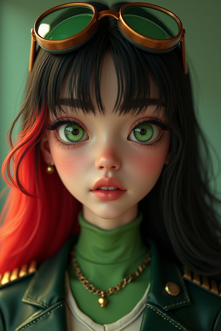 An extreme photorealistic upper body shot of a fantasy pilot girl with mesmerizing green eyes. On her head, nestled in her hair are unique looking aviator glasses. long, flowing two-tone hair, red and black,  with striking, unrealistic beauty. Her pink lips curve slightly to reveal her perfect teeth. sleek green pilot suit.Include tiny imperfections like pores, faint freckles, and slight skin texture variations to add realism.Realistic lip texture with soft lines, slight gloss, and natural color variation.Realistically detailed tear ducts, slightly moist, enhancing the natural appearance of the eyes.Faint, barely visible veins under the eyes, adding depth and authenticity to the skin.Individually rendered eyebrow hairs with natural variation in direction, length, and thickness.Variation in hair strand thickness, with some thinner and finer than others.Detailed texture on the blazer, showing the weave or material pattern, such as leather, spandex, or velvet.Shadows that move with the character, responding to her position and the light source accurately. Her bangs are freshly cut and curve slightly at the tips grazing her eyebrows. Necklace. Collar bones. Cleveage. Strong rim lighting.