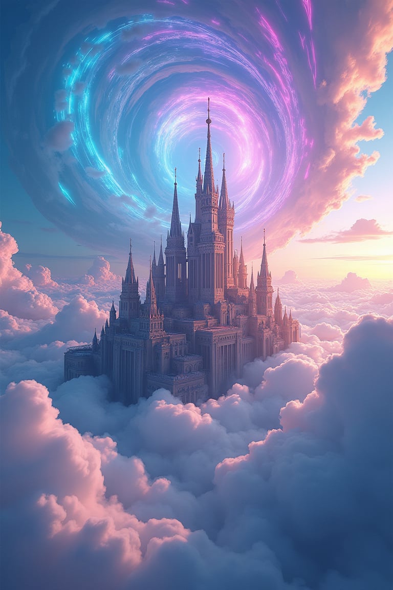 A surreal, ultra-high definition (UHD) skyscape featuring a nephogram of swirling, cloudpunk-inspired clouds with a hyper-detailed fantasy city nestled amidst them. The city is a breathtaking sight, with tall, ornate spires and intricately designed towers that pierce through the clouds, their structures bathed in a soft, ethereal glow. The clouds are rendered with bold, sharp lines, swirling in vibrant, electric colors—neon blues, purples, and pinks—that contrast with the golden and silver hues of the city. The scene captures the immense scale of the sky and the city, making it feel both majestic and otherworldly, as if the city is floating in a dreamlike, surreal realm.