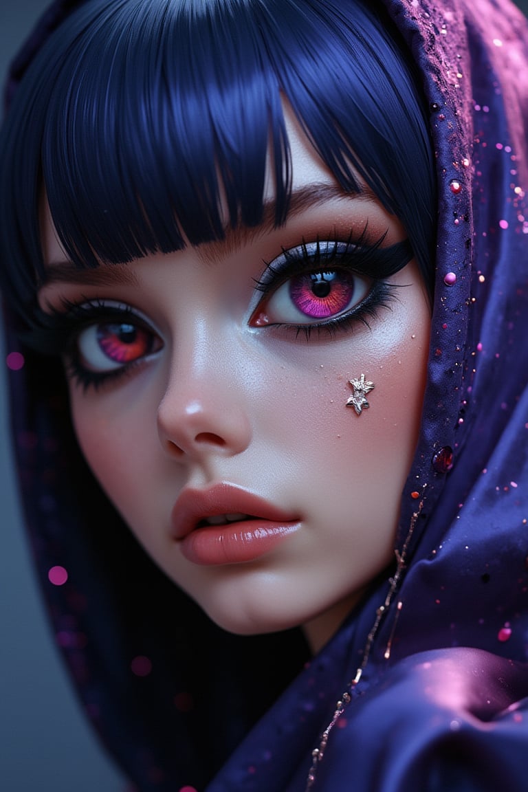 A close-up portrait of a young alien woman with exceptionally large, reflective eyes that dominate her delicate face. Her eyes are like polished black marble, deep and glossy, with subtle swirling colors of violet and silver beneath the surface, giving them a mesmerizing, cosmic depth. Her nose is narrow and elegant, shallow at the base with a perky tip, adding to her ethereal beauty. Her skin is smooth, like polished marble, embroidered with tiny, glowing gemstones that form intricate constellations across her face. Her makeup is cosmic tribal, with bold, deliberate lines in deep purples and blues that contrast sharply against her pale skin. These lines create a gradient effect, transitioning from dark to light as they move across her high cheekbones and forehead, adding a sense of depth and complexity. She wears a luxurious satin veil in a rich, deep blue that shimmers in the light, partially covering her white-gold hair. The veil is adorned with subtle, metallic threads that catch the light, creating a soft, ethereal glow around her. The strong rim lighting highlights the contours of her face and the reflective quality of her skin, making her appear both regal and otherworldly, like a celestial monarch emerging from the depths of space.