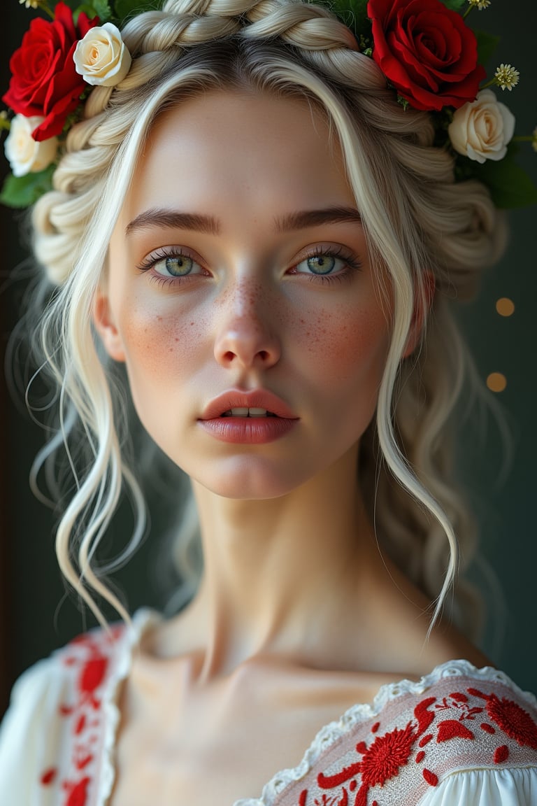 A photorealistic image of a breathtaking young Caucasian woman exuding elegance and ethereal beauty. Her face is adorned with a soft, rosy blush on her cheeks, and her skin is dotted with delicate freckles that give her a natural, radiant look. Her hair is styled in a unique, braided crown, with strands of white hair woven into intricate patterns that add a regal, yet modern touch. She wears a white gown with elaborate red embroidery, and a crown of red and white roses sits atop her head. The cinematic lighting enhances her graceful features, casting soft shadows that emphasize the blush, freckles, and the intricate braids of her hairstyle, creating a portrait of timeless elegance.