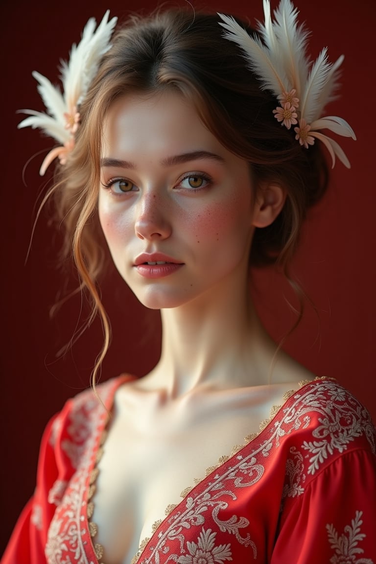 A photorealistic portrait of a beautiful young Caucasian woman with an ethereal presence, captured in a red and white theme. Her skin is fair, with a soft blush that adds warmth to her cheeks, and a delicate dusting of freckles across her nose and upper cheeks that enhances her natural beauty. Her hair is styled in an intricate updo, with loose, curled tendrils framing her face, giving her an elegant and timeless appearance. She wears a delicate feather headpiece, the feathers pure white, contrasting beautifully with her deep red embroidered crop top. The volumetric lighting creates a soft, cinematic glow that accentuates the subtle details of her blush, freckles, and elegant hairstyle, making her look both enchanting and graceful.