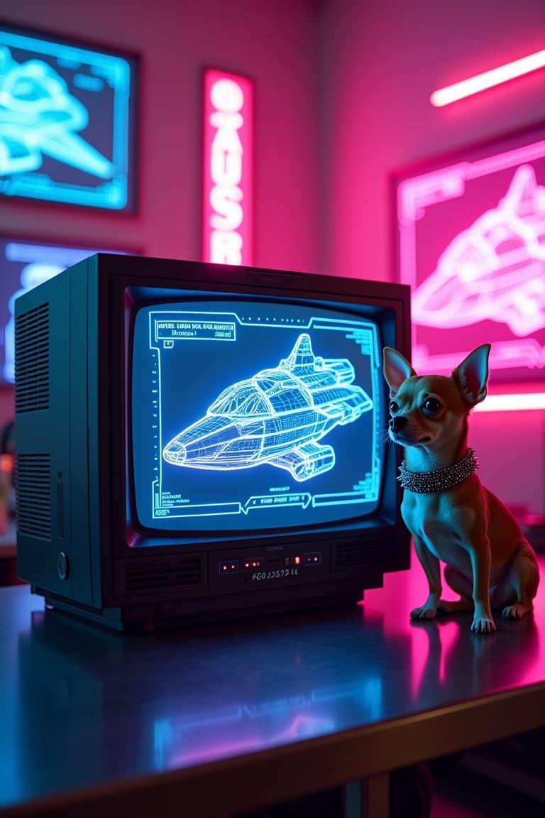 A vibrant **vaporwave-inspired scene** set in an 80s-style sci-fi tech lab. A bulky, vintage **CRT TV** sits on a sleek metal desk, displaying **blueprints for a starship** in glowing neon colors. The starship's design is geometric and angular, with retro-futuristic details. The TV screen hums softly with static as glowing blue and pink lines form intricate wireframes of the ship.

Sitting beside the TV is a small, proud **chihuahua** wearing a shiny **spike-studded collar**. The dog’s fur reflects the **neon pink and blue lighting** of the room, giving it a surreal, futuristic glow. The lab is filled with glowing holographic screens, digital panels, and neon signs flickering in the background, creating an electrifying atmosphere. The color palette is dominated by **hot pinks, blues, and purples**, with the TV’s blueprints standing out vividly. The **CRT TV’s retro design** adds a nostalgic yet futuristic contrast to the cutting-edge technology around it.
