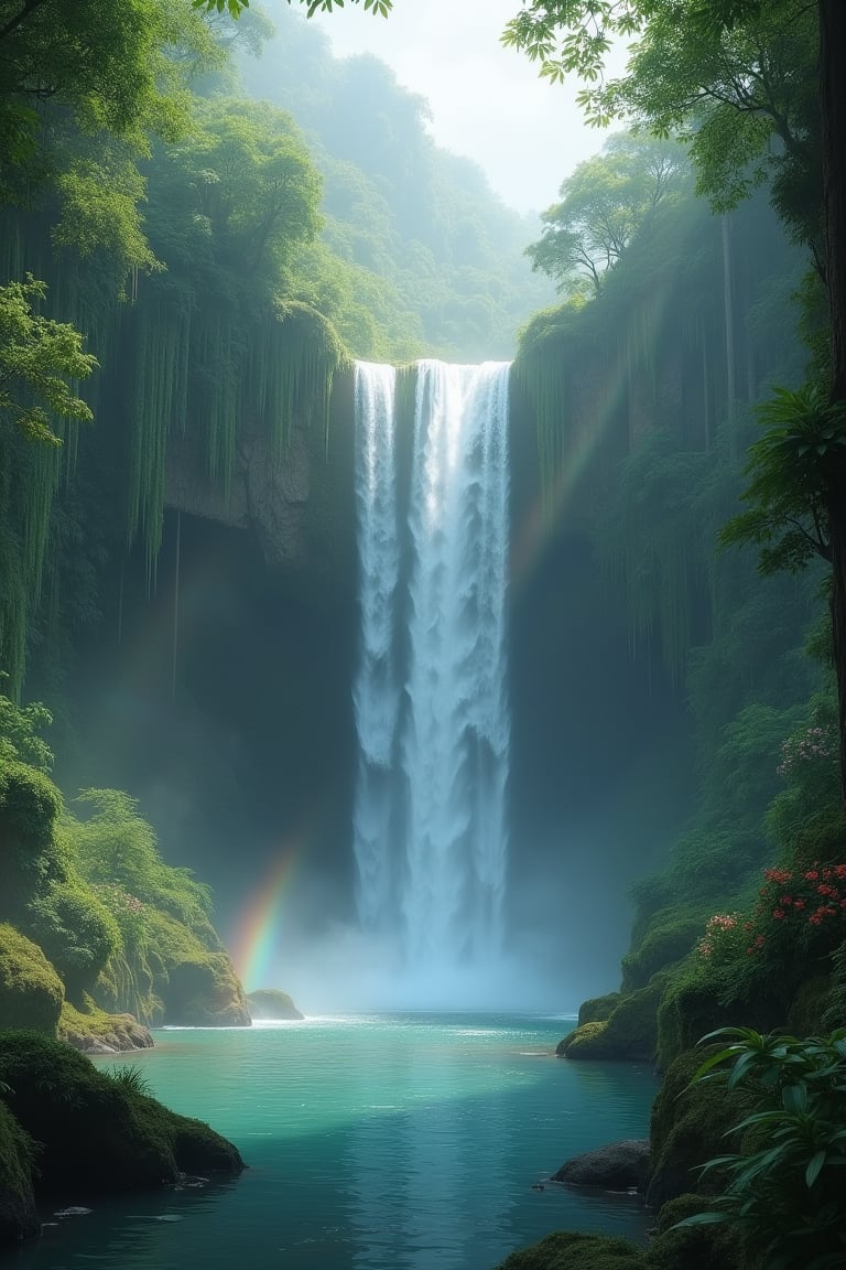 A serene, hauntingly beautiful scene of a tall waterfall cascading down moss-covered cliffs into a tranquil pool below. The water is crystal clear, with soft mist rising from the surface, creating a gentle, ethereal fog that blankets the surrounding jungle. The lush green foliage frames the scene, with delicate ferns and vibrant flowers adding touches of color. The sound of the water is a soft, constant melody, harmonizing with the quiet rustling of leaves. The mist catches the soft, diffused sunlight filtering through the canopy, creating a series of rainbows that arch gracefully above the pool. The overall atmosphere is one of peaceful isolation, as if this hidden waterfall exists in its own timeless, mystical realm.