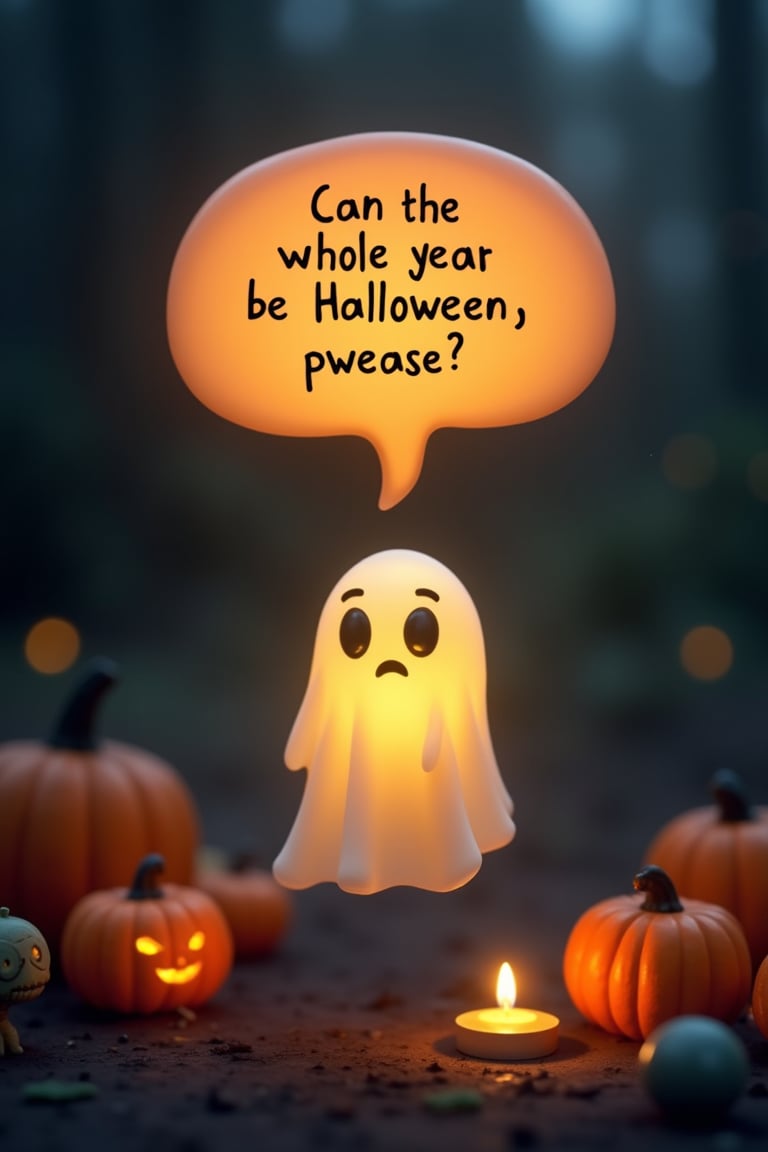 A small, **glowing translucent ghost** hovers in mid-air, its form barely visible as the soft light from its body shimmers in the dark. The ghost’s **pleading, raised eyebrows** give it an incredibly **endearing expression**, while its wide, round eyes seem to glow with hope. The ghost’s faint, misty edges shift slightly as it floats, giving it a fluid, ever-moving appearance, while the soft light surrounding it pulses gently like a flickering candle.

The text **"Can the whole year be Halloween, pwease?"** is inside a softly **glowing speech bubble** with **rounded edges**, floating just above the ghost’s head. The bubble’s glow is a warm, soft orange, and the text inside is written in a playful, **childlike font** with slightly rounded letters, giving it an innocent and whimsical feel. The glow of the bubble casts a faint light on the surrounding air.

Around the ghost are glowing pumpkins, lit candles, tiny monsters such as zombies, skeletons and horror movie icons.