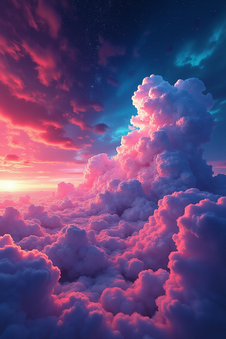 A hyper-detailed, UHD wide skyscape featuring a nephogram in a cloudpunk style. The clouds are drawn with bold, graphic lines that emphasize their swirling, chaotic movement across the sky. The color palette is strikingly vibrant, with intense reds, electric blues, and luminous purples creating a surreal, almost neon-lit atmosphere. The clouds form complex, intricate shapes, each one highly detailed with textures that seem both organic and synthetic. The vast expanse of the sky is filled with this surreal display, making the scene both immersive and otherworldly.