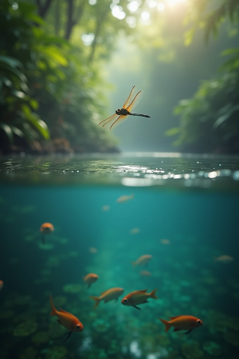 A mesmerizing macro shot at the surface of a calm jungle lake, capturing a split view of the world above and below the water. Above the surface, a tiny, iridescent dragonfly hovers gracefully, its wings catching the sunlight as it skims the water. Below the surface, a school of colorful fish swims just beneath the water’s edge, their scales glinting softly in the filtered light. The surface tension of the water creates a delicate, mirror-like reflection of the overhanging jungle foliage, while the underwater scene is teeming with life, from darting fish to gently swaying aquatic plants. The contrast between the vibrant underwater world and the serene, airy space above creates a peaceful, otherworldly scene. The atmosphere is one of delicate balance, where the boundary between water and air blurs into a harmonious, tranquil moment in nature.