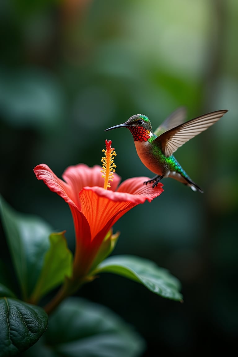 A macro shot capturing the moment a delicate jungle flower blooms, with a small, vibrant hummingbird hovering inches away. The flower’s petals are richly textured, each vein and curve detailed with precision, and its vibrant colors contrast beautifully with the deep green foliage in the background. The hummingbird’s iridescent feathers shimmer in the soft light, creating a dazzling display of colors as it hovers in mid-air, its wings a blur of motion. Tiny droplets of nectar glisten on the flower’s stamen, inviting the hummingbird closer. The atmosphere is serene and almost magical, with the quiet hum of the bird’s wings and the soft rustle of leaves blending into a gentle, natural symphony. The scene captures a fleeting moment of life and beauty, frozen in time.