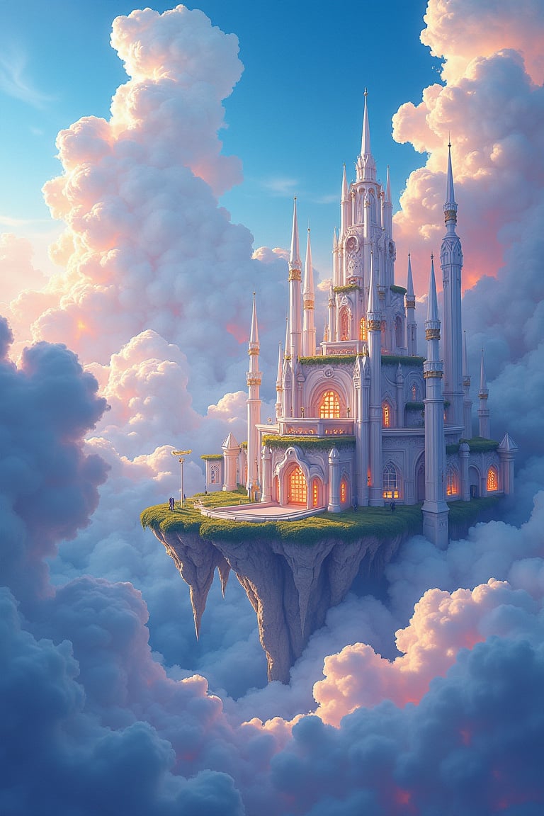 An ultra-high definition skyscape showcasing a surreal nephogram of swirling cloudpunk clouds, with a majestic fantasy city floating within them. The city features towering, crystal-like buildings and sprawling, hanging gardens that dangle over the edge of cloud-covered platforms. The clouds are drawn with bold, sharp lines, their vibrant, electric colors—deep blues, bright pinks, and glowing yellows—creating a stunning contrast against the city’s gleaming white and gold structures. The scene captures the vastness of the sky, with the clouds and city intertwining in a surreal, dreamlike dance. The intricate details of the city, from tiny, glowing windows to delicate bridges, make the scene feel immersive and fantastical, like a glimpse into a magical world.