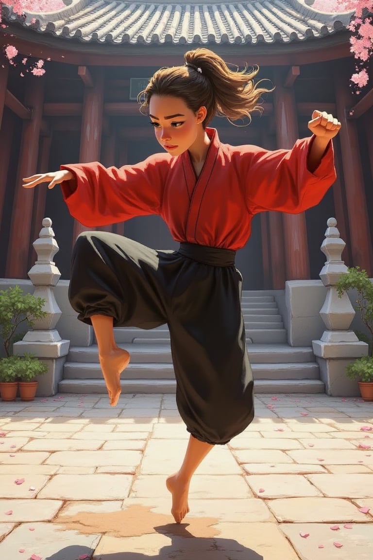 In the center of a **traditional temple courtyard**, a young martial artist leaps into the air, her leg extended in a powerful kick. Her **messy hair** is tied back in a loose ponytail, strands flying as she twists her body in mid-motion. Her face is fierce, her **brows furrowed** in concentration, her lips pressed together in a determined frown.

She wears a **minimalistic red and black uniform**, the top half clinging to her torso while the pants flow loosely around her legs, giving freedom of movement. The intricate **temple architecture** and **stone lanterns** in the background add to the traditional setting, while fallen **cherry blossom petals** flutter around her as she moves. Her body glistens with sweat, highlighting the intensity of her training as she remains poised and graceful, even in the midst of powerful combat.

,SamYoung_Illustration