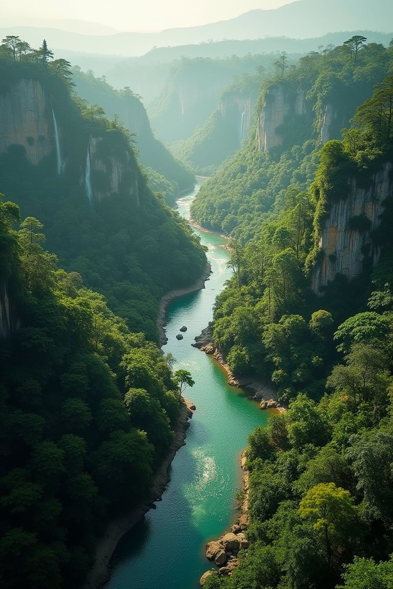 A serene aerial shot overlooking a vast jungle landscape with a meandering stream cutting through the dense foliage. The water sparkles in the sunlight, reflecting the rich greens and occasional bursts of color from flowering trees. Small clearings are visible among the trees, each one a peaceful oasis surrounded by the vibrant jungle. The gentle curve of the stream leads the eye deeper into the jungle, where distant waterfalls can be seen cascading down rocky cliffs, their mist rising into the air. The entire scene is bathed in soft, diffused light, with the sunlight filtering through the treetops, creating dappled patterns on the forest floor. The atmosphere is one of quiet beauty and tranquility, as if time has slowed to capture the perfect harmony of nature.