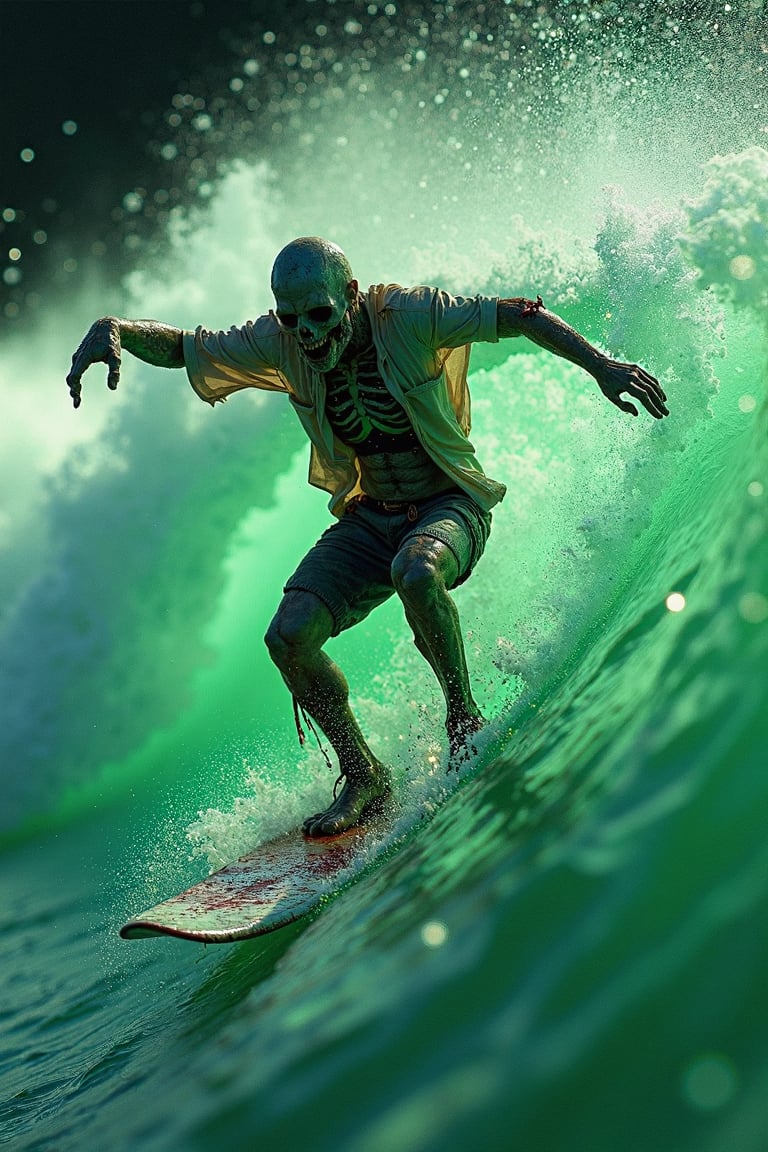 In an extreme close-up, a **zombie surfer** is captured mid-action, performing a high-speed trick on a **giant glowing acid wave**. His body twists unnaturally, with his **right leg kicking** up from the board as he leans back, rotting fingers gripping the air for balance. His **surfboard** carves deeply into the acid, sending glowing droplets flying in every direction. The wave’s glow illuminates the holes in his decayed body, with bits of exposed bone visible through his torn clothes. **Acid rain** streaks the air, adding a chaotic layer of motion to the scene. The toxic ocean pulses beneath him, creating a surreal and dangerous energy.