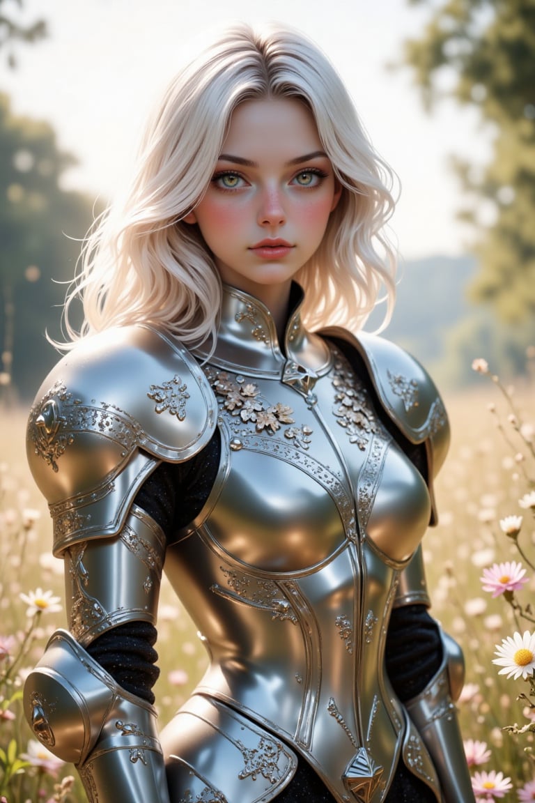 4K anime style quality, digital drawing mode, an elegant female knight with long white hair and glowing emerald eyes, wearing delicate silver armor with floral patterns, standing in a tranquil meadow with flowers blooming around her, her radiant skin glowing with purity, calm and composed expression, full body, dynamic pose, life size, perfect anatomy, detailed skin texture, full HD, 4K, HDR, depth of field.