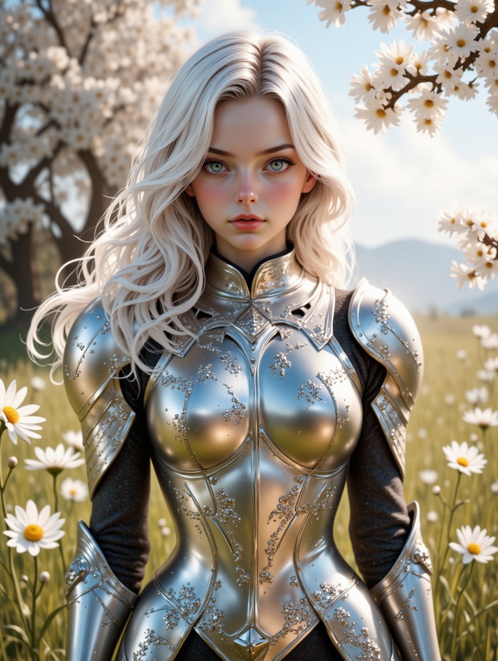 4K anime style quality, digital drawing mode, an elegant female knight with long white hair and glowing emerald eyes, wearing delicate silver armor with floral patterns, standing in a tranquil meadow with flowers blooming around her, her radiant skin glowing with purity, calm and composed expression, full body, dynamic pose, life size, perfect anatomy, detailed skin texture, full HD, 4K, HDR, depth of field.