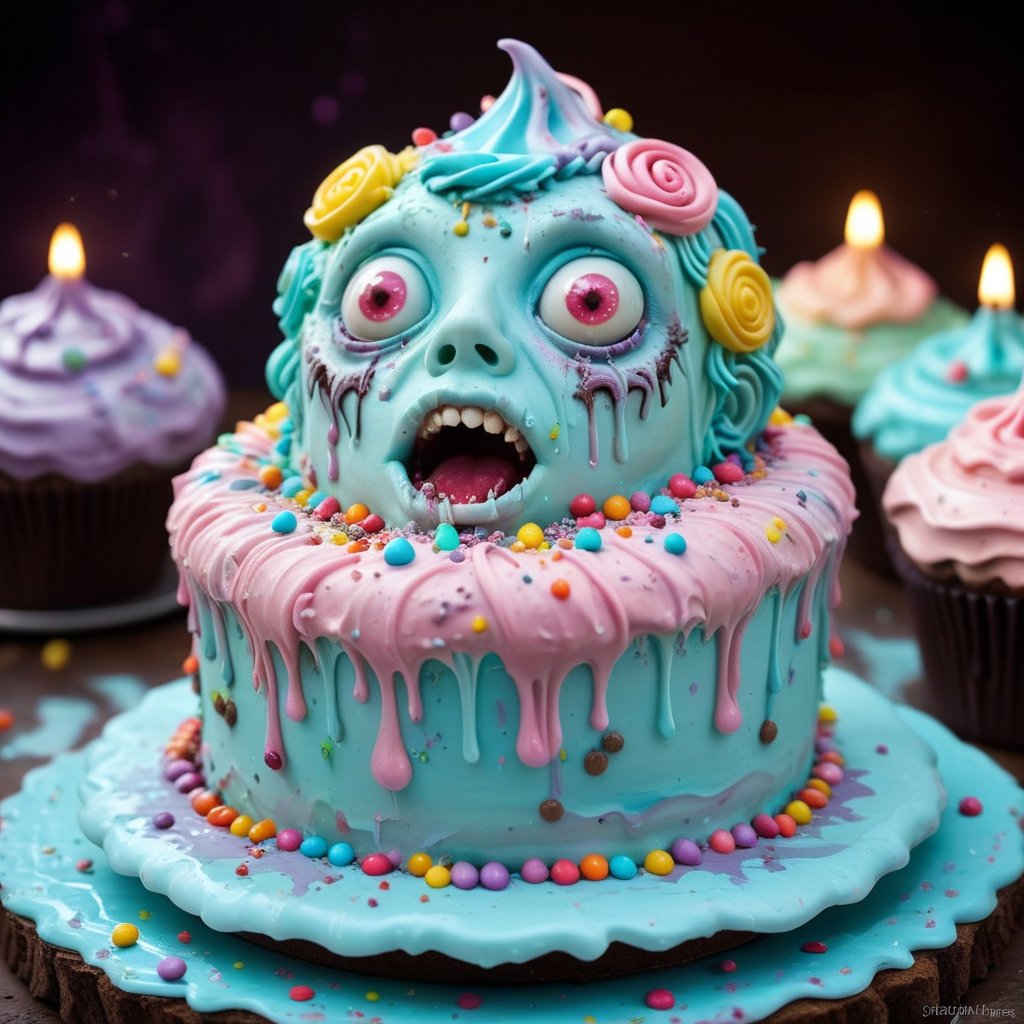 A whimsical and surreal scene featuring a mad, crazy cute zombie with a peculiar addiction to cake, wandering through a fantastical wonderland entirely made of cake. The zombie, adorned with colorful icing and sprinkles, is caught in a gleeful dance, eyes wide with delight as it nibbles on a giant, frosted cupcake. The background is a labyrinth of cake layers, candy trees, and frosting rivers, all under a sky of swirling pastel colors. The lighting is soft and sugary, casting a dreamlike glow over the entire scene, emphasizing the strange yet endearing charm of the cake-loving zombie in this sweet wonderland.