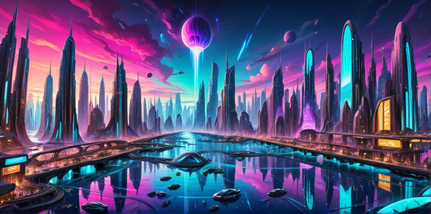 score_9, score_8, score_7, an alien futuristic city, reflected in the ocean surrounding it, masterpiece, neon splash art, vibrant surreal colours.,niji,noc-futuristic