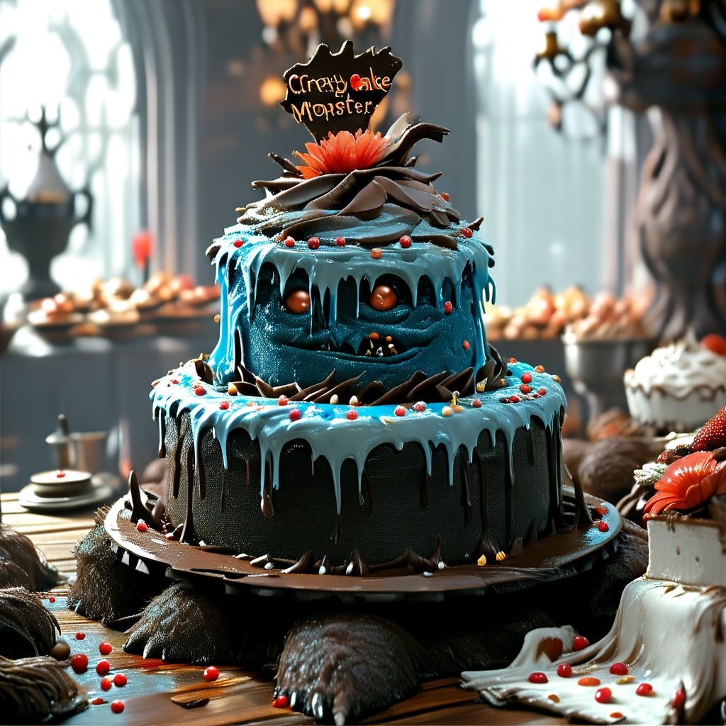 ultra detailed, animation fantacy, masterpiece, score_9, score_8, score7,  (crazy strange cake monster:1.66), adicted to cake, in a wonderland made of cake.  wonderland, grass,flowers trees and a waterfall.