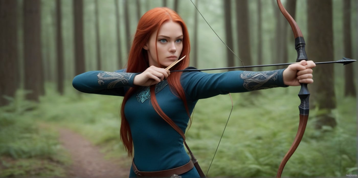 ultra realism, RAW photo, UHD 8K still frame, score_9, score_8, score_7, 1girl, Nordic, long hair silver and red hair, greenish-blue eyes, weapon, fire, reality, holding a bow and arrow, aimed at the viewer,looking at the viewer,