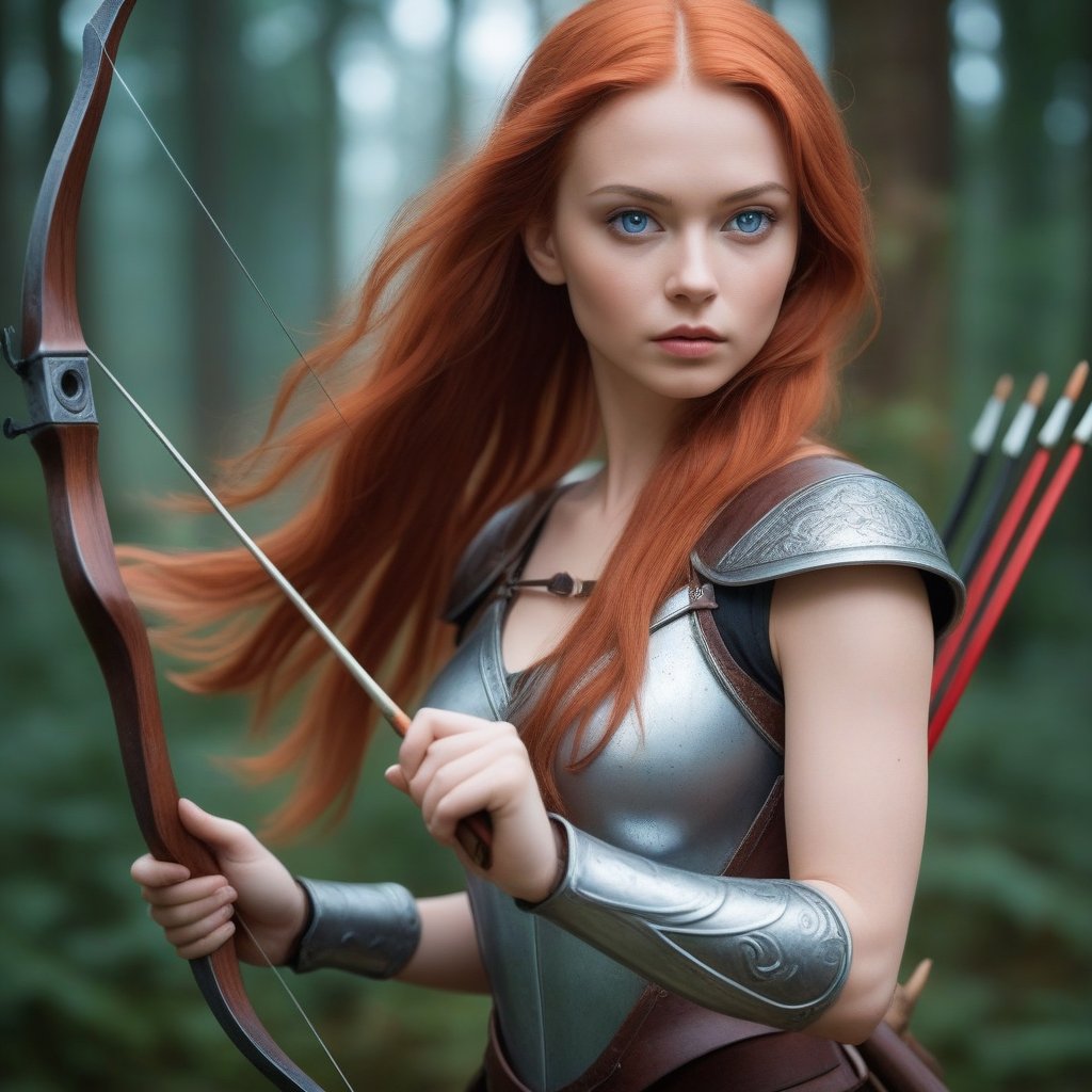 ultra realism, RAW photo, UHD 8K still frame, score_9, score_8, score_7, 1girl, Nordic, long hair silver and red hair, greenish-blue eyes, weapon, fire, reality, holding a bow and arrow, aimed at the viewer,looking at the viewer,