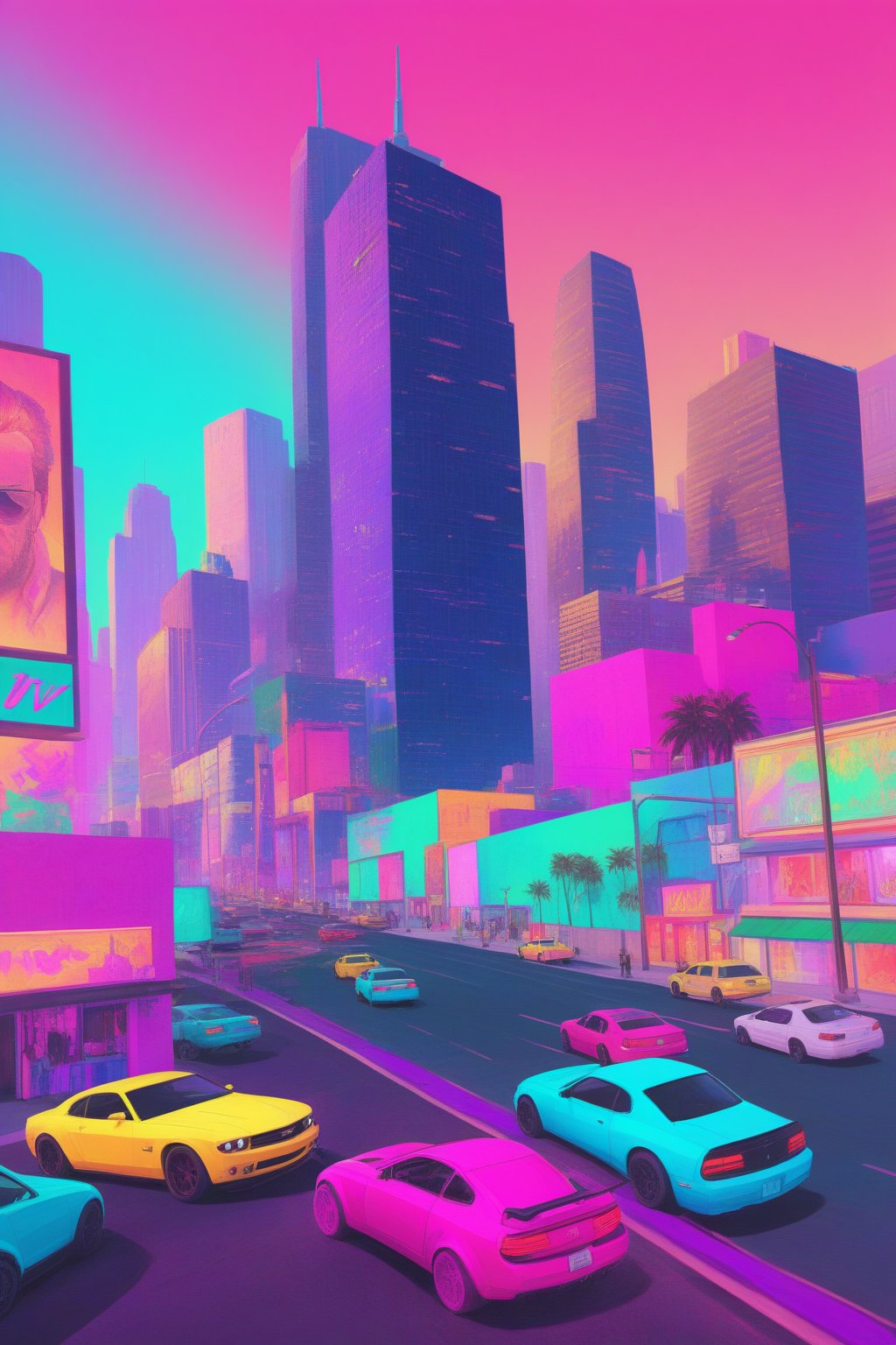 GTA VI style drawing Vice City. Use of vivid colors and realistic details with a touch of distinctive graphic art from the game. ((GTA VI)). UHD. 8K, Glowwave, colorpop,  