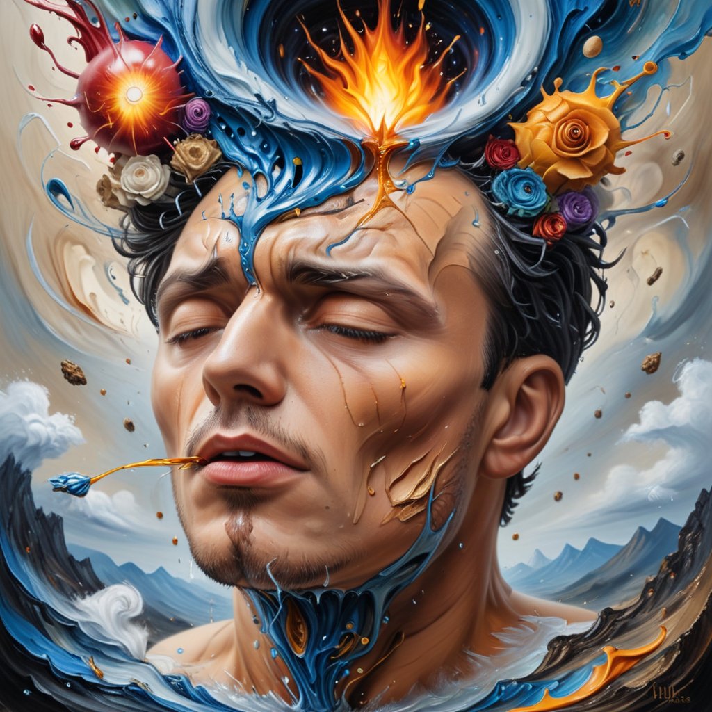 Create a surreal masterpiece oil painting by popular trending artist:"a mans head exploding from excitement" ultra detailed and intricate, blend a mixture of classic art with modern surrealism showcasing art that no one has ever seen before.