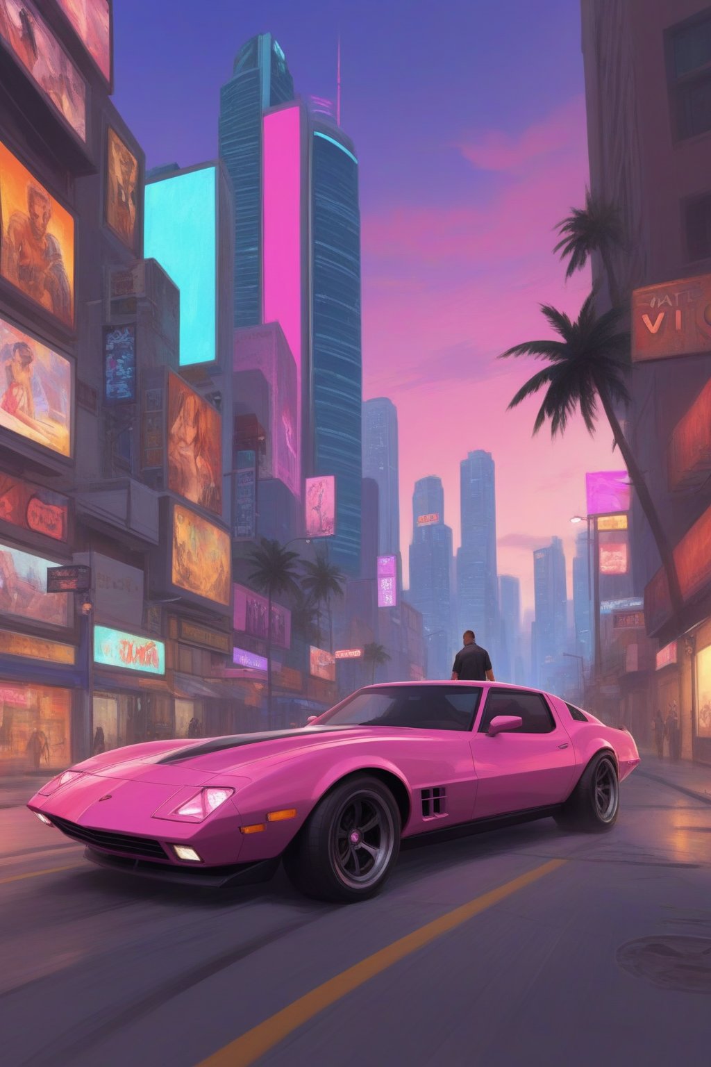 Fantasy digital art, Masterpiece, score_9, score_8, score_7, UHD 16K still frame, GTA VI style drawing of Vice City, Realistic details with a touch of distinctive graphic art from the game. 