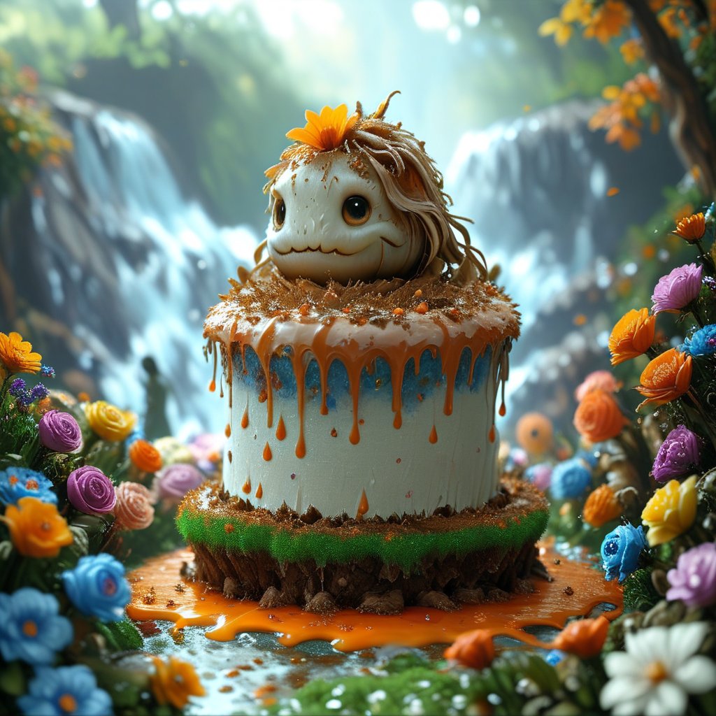 ultra detailed, animation fantacy, masterpiece, score_9, score_8, score7,  (crazy strange cake monster), adicted to cake, in a wonderland made of cake.  wonderland, grass,flowers trees and a waterfall.