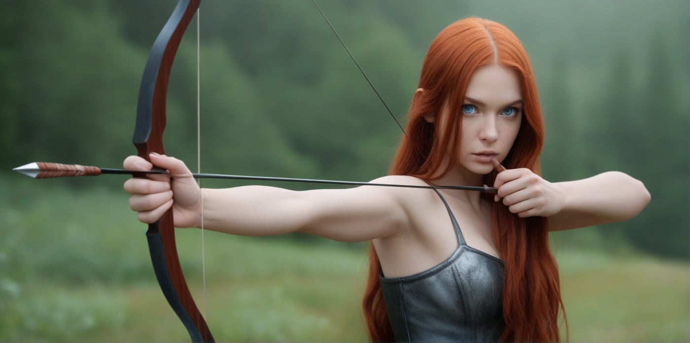 ultra realism, RAW photo, UHD 8K still frame, score_9, score_8, score_7, 1girl, Nordic, long hair silver and red hair, greenish-blue eyes, weapon, fire, reality, holding a bow and arrow, aimed at the viewer,looking at the viewer,