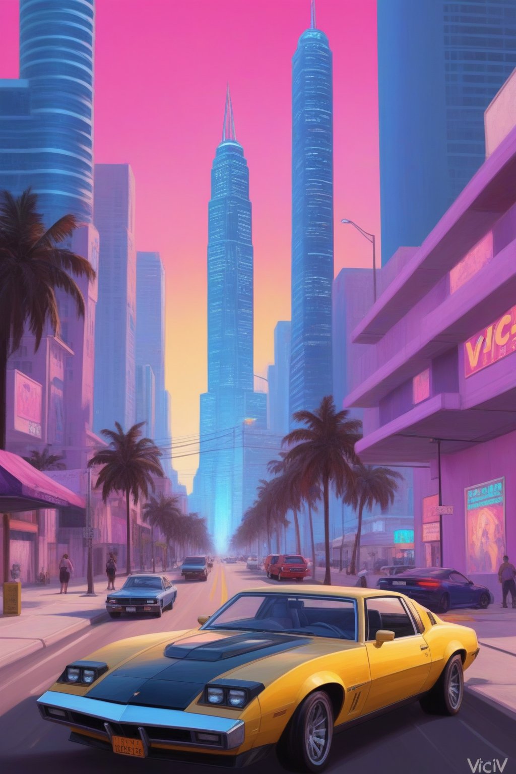 Fantasy digital art, Masterpiece, GTA VI style drawing of Vice City, Realistic details with a touch of distinctive graphic art from the game. 