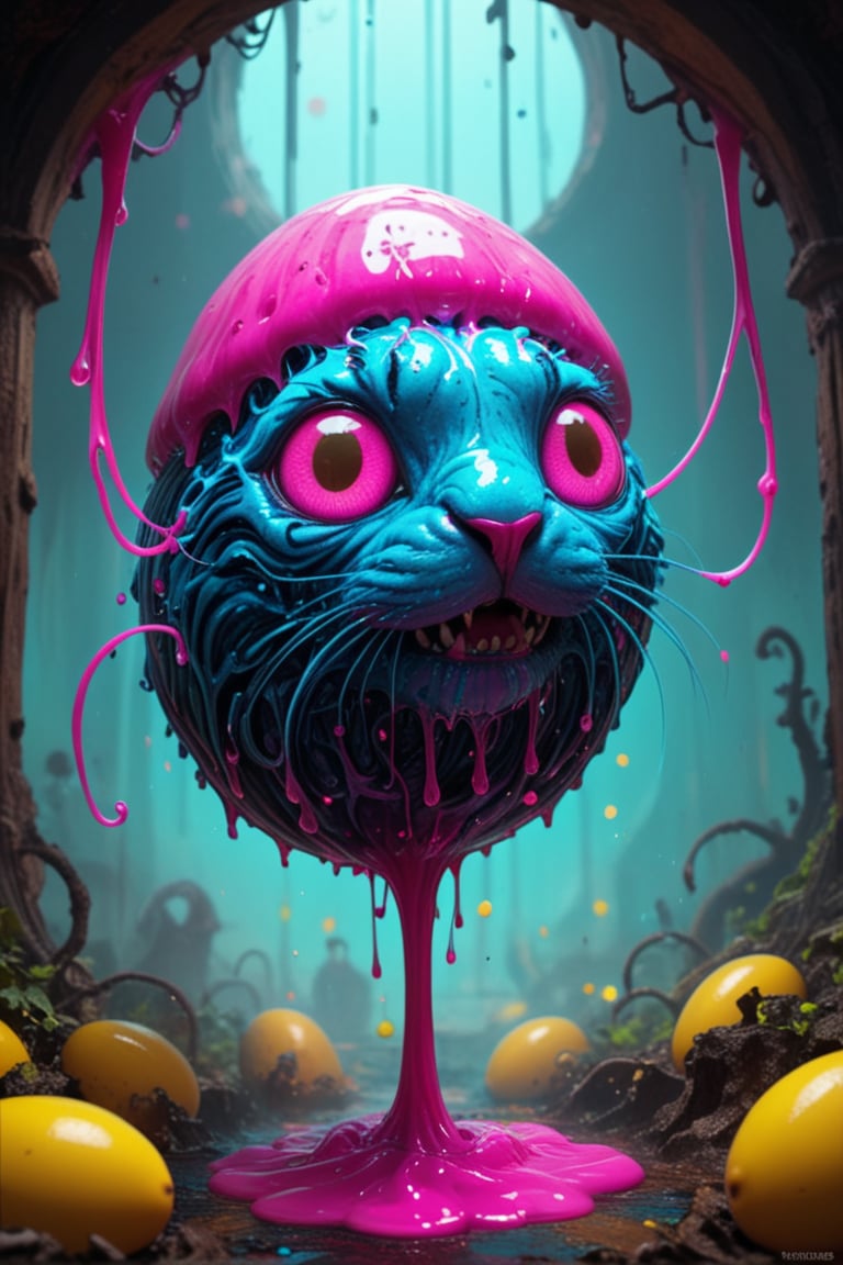 A sentient, gooey blob of fluorescent pink and blue, shaped like a giant, pulsating egg plant, floats through a swirling vortex of radioactive noodles. It's adorned with tiny glittery tiger-eye balls as antennae, and its mouth emits a neon slime. The blob is tangled in a giant anthropomorphic banana wearing a top hat. The scene is a surreal, dark-humored, post-apocalyptic carnival, with a touch of the absurd. ancient, malevolent power. dark fantasy but vibrant, ink, macabre, still life