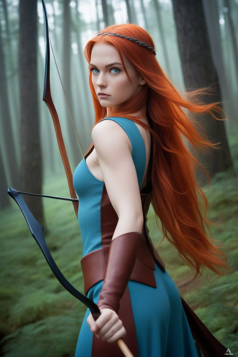 ultra realism, RAW photo, UHD 8K still frame, score_9, score_8, score_7, 1girl, Nordic, long hair silver and red hair, greenish-blue eyes, weapon, fire, reality, arrow\(slug\), holding a bow and arrow aimed at the viewer