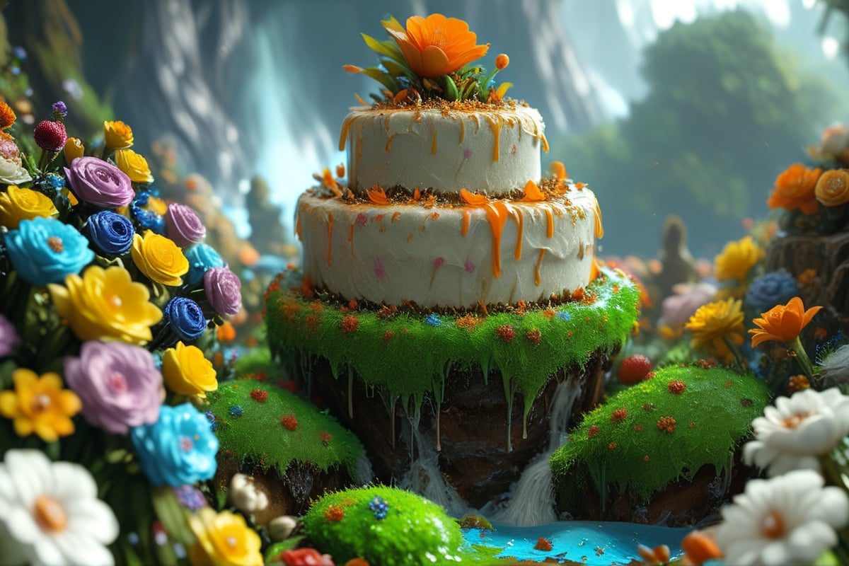 ultra detailed, animation fantacy, masterpiece, score_9, score_8, score7,  crazy strange cake monster adicted to cake in a wonderland made of cake.  wonderland, grass,flowers trees and a waterfall.