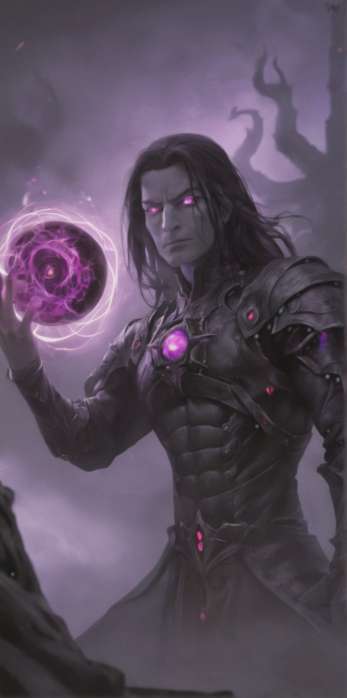 ((The king of the underworld, creepy scary face, long black hair, bright purple eyes, black and red armature, concentration expression, holding a magical dark sphere)), casting a powerful magic:(magical dark around, dark aura, massive magic circle coming down from sky, final battle, fighting scene, cinematic still, shaking ground effect, masterpiece quality, detailed light effect, detailed shadows effect, ,scenery, close-up  EnvyBeautyMix23