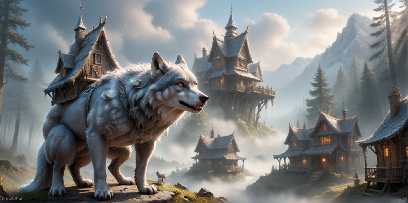 ultra realism, Surreal fantasy, Surreal masterpiece,  score_9, score_8, score_7, A portrait colossal  wolf with silver-gray fur:1.44, standing majestically in a misty enchanted forest. Perched on its broad back is an intricate village of tiny dwarf houses. Scale difference emphasized between the massive wolf and the tiny dwellings. Soft, ethereal lighting bathes the entire scene in a dreamlike quality.