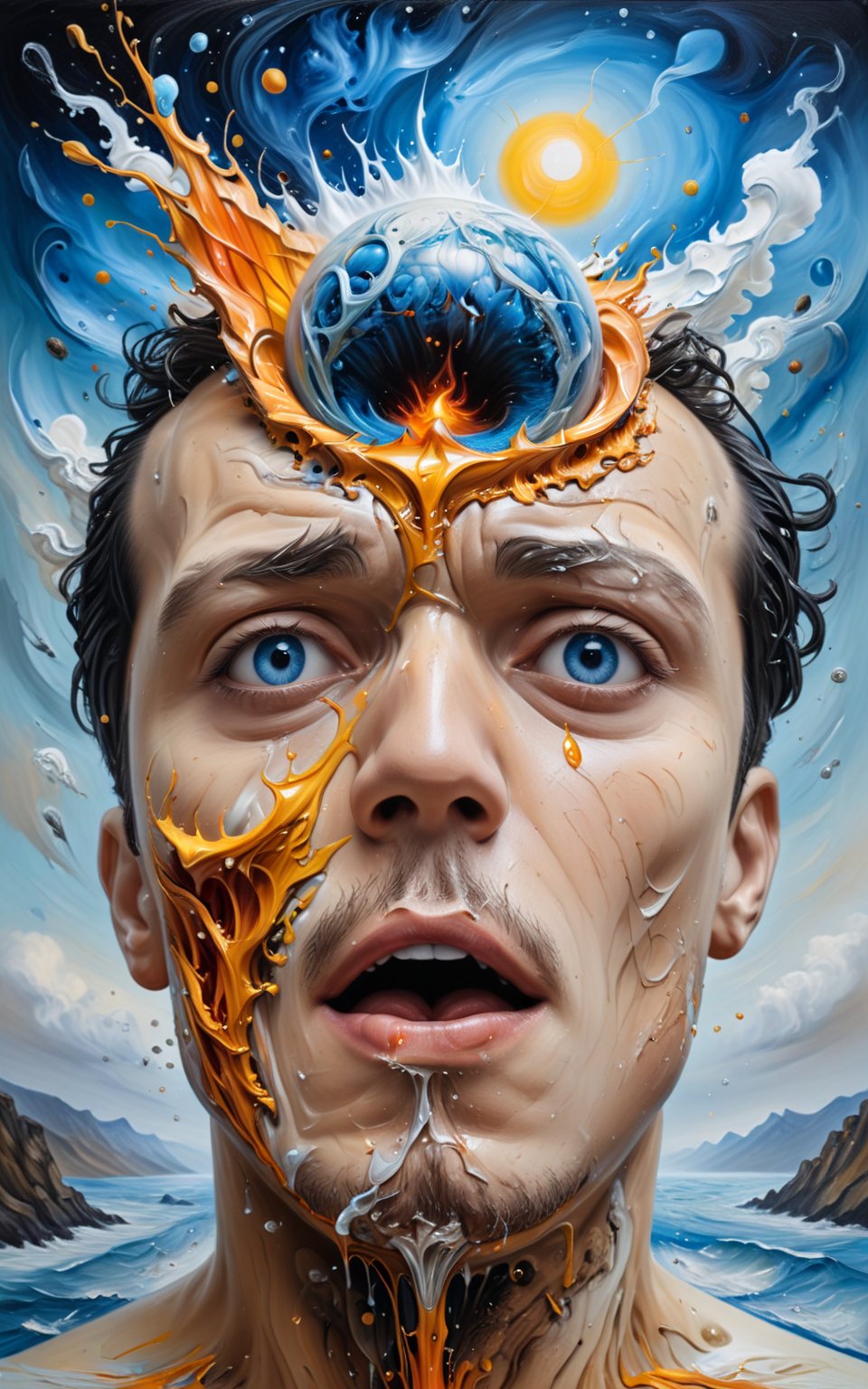 Create a surreal masterpiece oil painting by popular trending artist:"a mans head exploding from excitement" ultra detailed and intricate, blend a mixture of classic art with modern surrealism showcasing art that no one has ever seen before.