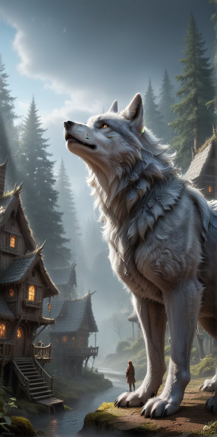 ultra realism, Surreal fantasy, Surreal masterpiece,  score_9, score_8, score_7, A portrait colossal  wolf with silver-gray fur:1.44, standing majestically in a misty enchanted forest. Perched on its broad back is an intricate village of tiny dwarf houses. Scale difference emphasized between the massive wolf and the tiny dwellings. Soft, ethereal lighting bathes the entire scene in a dreamlike quality.