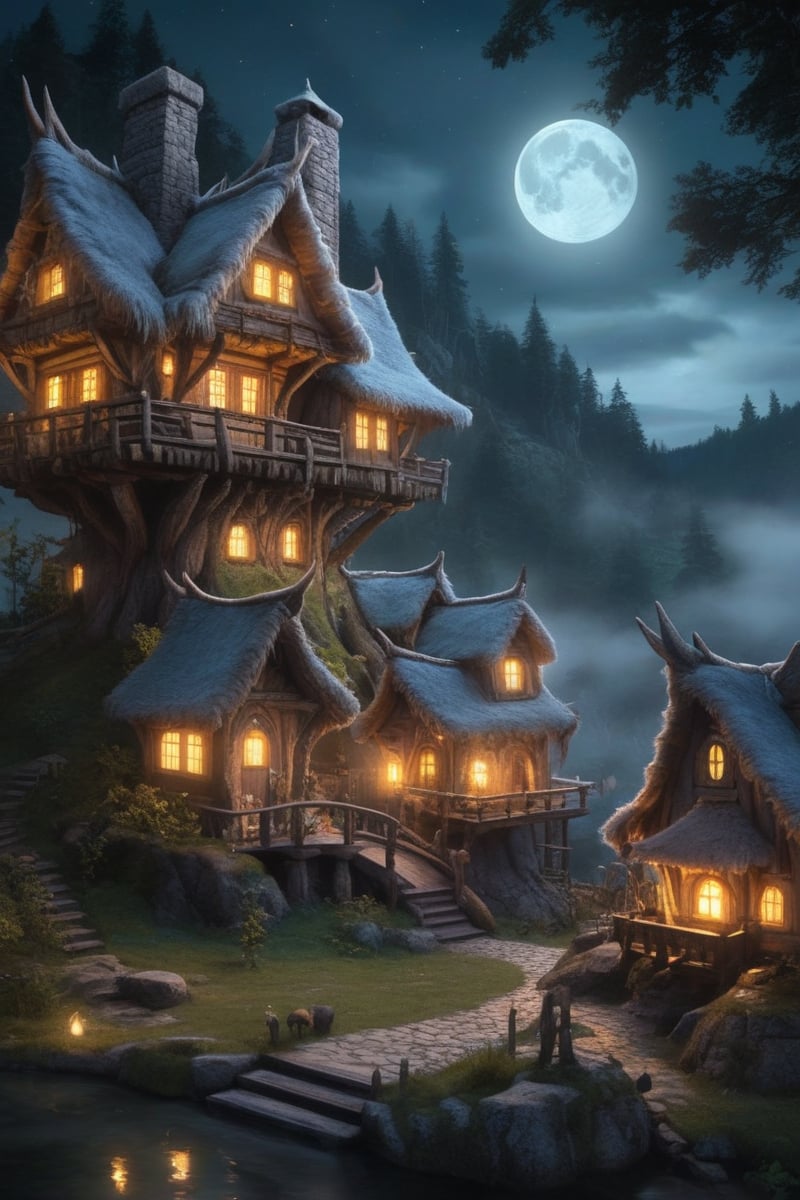 A colossal wolf with silver-gray fur, standing majestically in a misty enchanted forest. Perched on its broad back is an intricate village of tiny dwarf houses. Miniature thatched cottages with colorful round doors and windows nestle in the wolf's thick fur. Tiny rope bridges and wooden walkways connect the houses. Smoke rises from tiny chimneys. Glowing lanterns hang from the wolf's fur, illuminating the village. The wolf's eyes glow with ancient wisdom. Fireflies float around, adding magical sparkles. Gnarled trees with glowing mushrooms surround the scene. A crescent moon peeks through clouds above. Scale difference emphasized between the massive wolf and the tiny dwellings. Soft, ethereal lighting bathes the entire scene in a dreamlike quality.