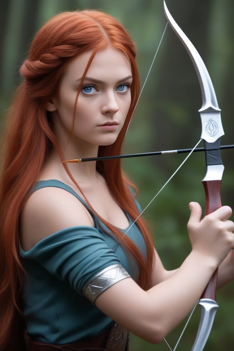 ultra realism, RAW photo, UHD 8K still frame, score_9, score_8, score_7, 1girl, Nordic, long hair silver and red hair, greenish-blue eyes, weapon, fire, reality, holding a bow and arrow, aimed at the viewer,looking at the viewer,